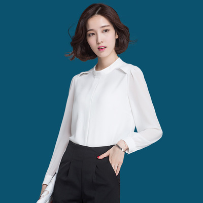 2016秋装立领雪纺衬衫女长袖韩版白色衬衣气质OL宽松上衣