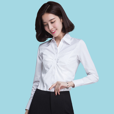 V领职业衬衫女长袖商务正装白色上衣韩版修身女士衬衣