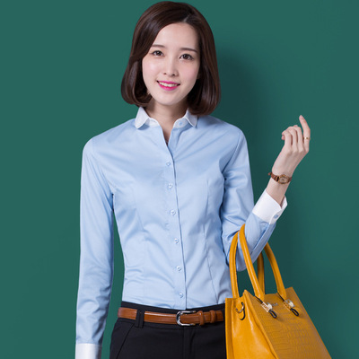长袖职业女式衬衫韩版圆领修身商务正装面试通勤大码工作服衬衣夏